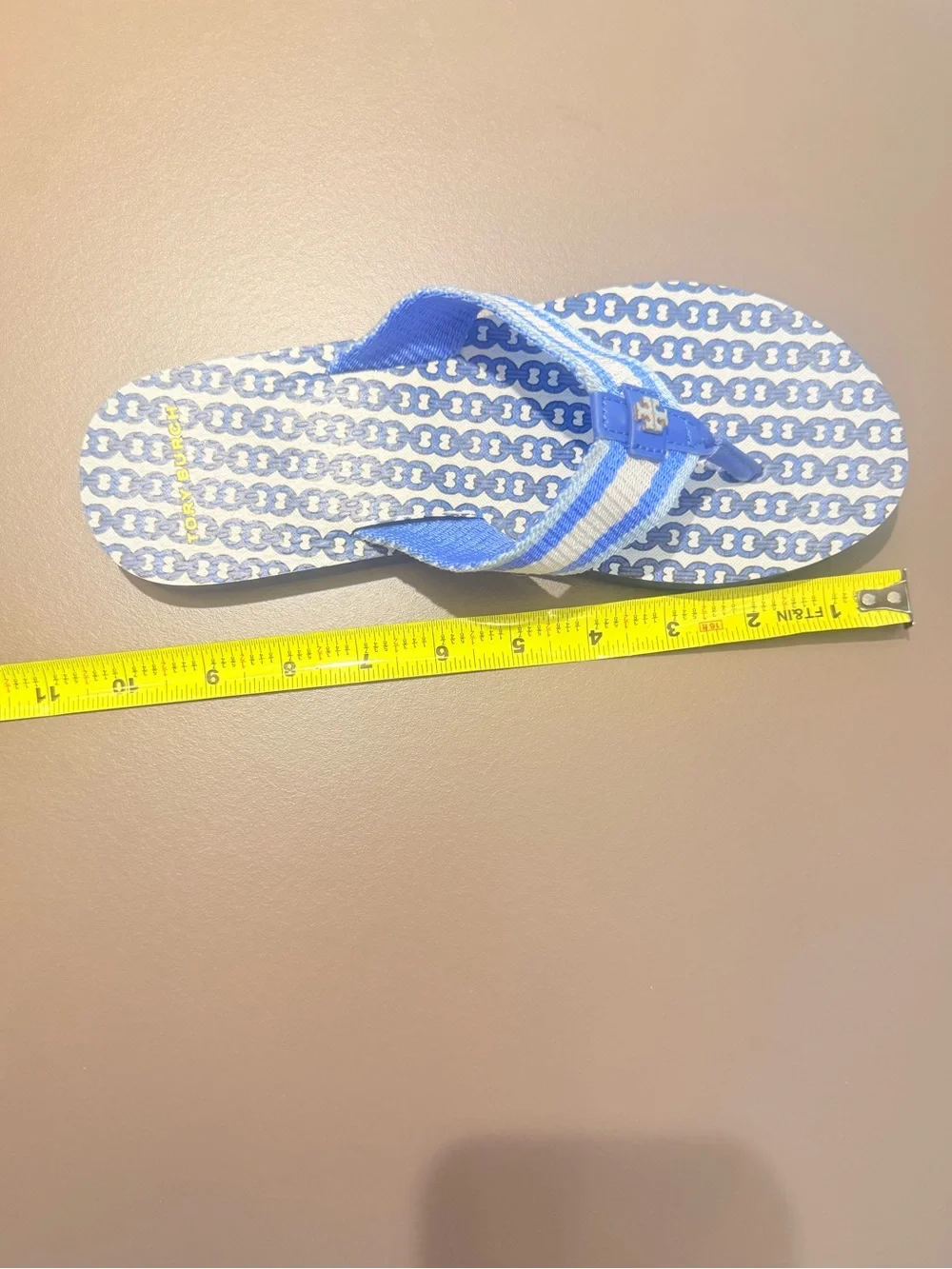 Tory Burch Gemini Link Stripe Fabric Flip Flop Blue White Size 8